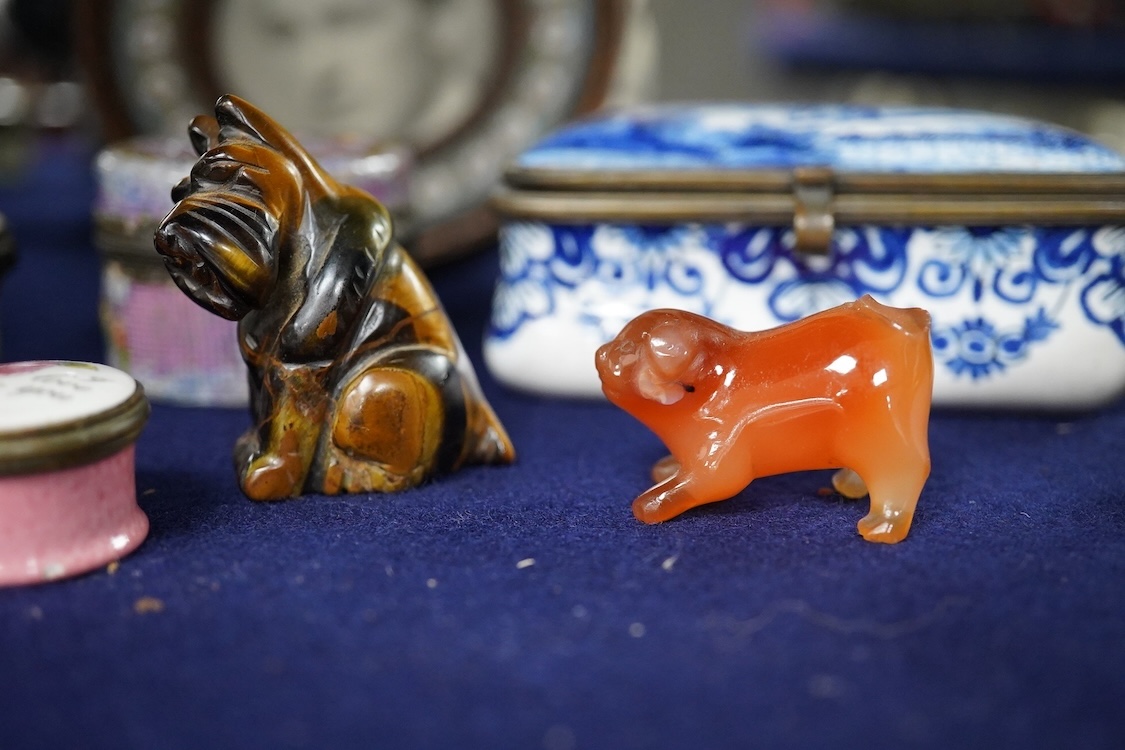 A collection of various 18th century and later trinket/pill boxes, a micro mosaic frame and two small carvings to include a tiger’s eye Scottie dog, frame 10cm in diameter